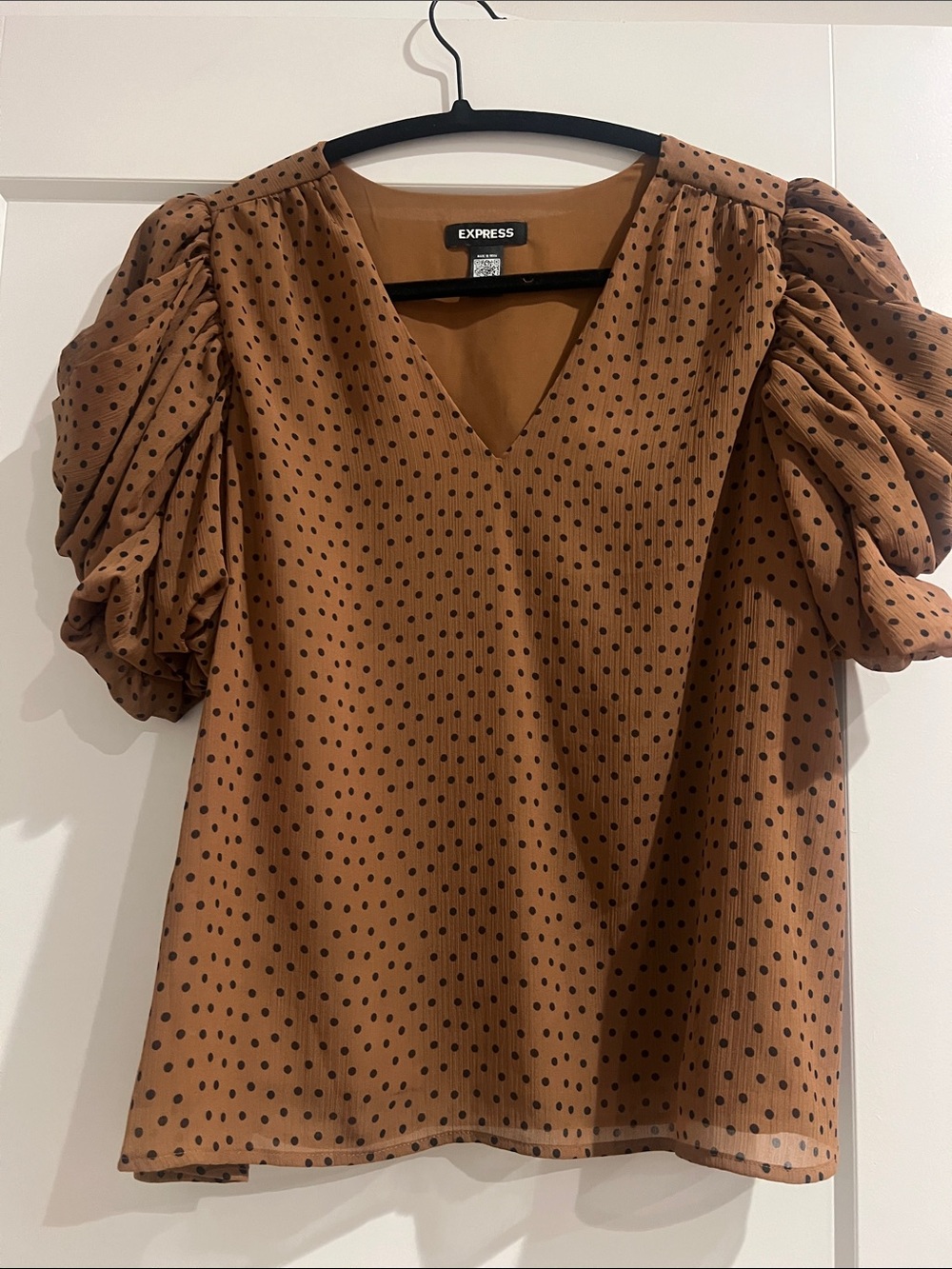 Express Brown Polka Dot Puff Sleeve V-Neck Blouse
